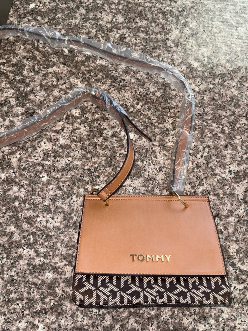 Tan Crossbody Bag with Signature Print